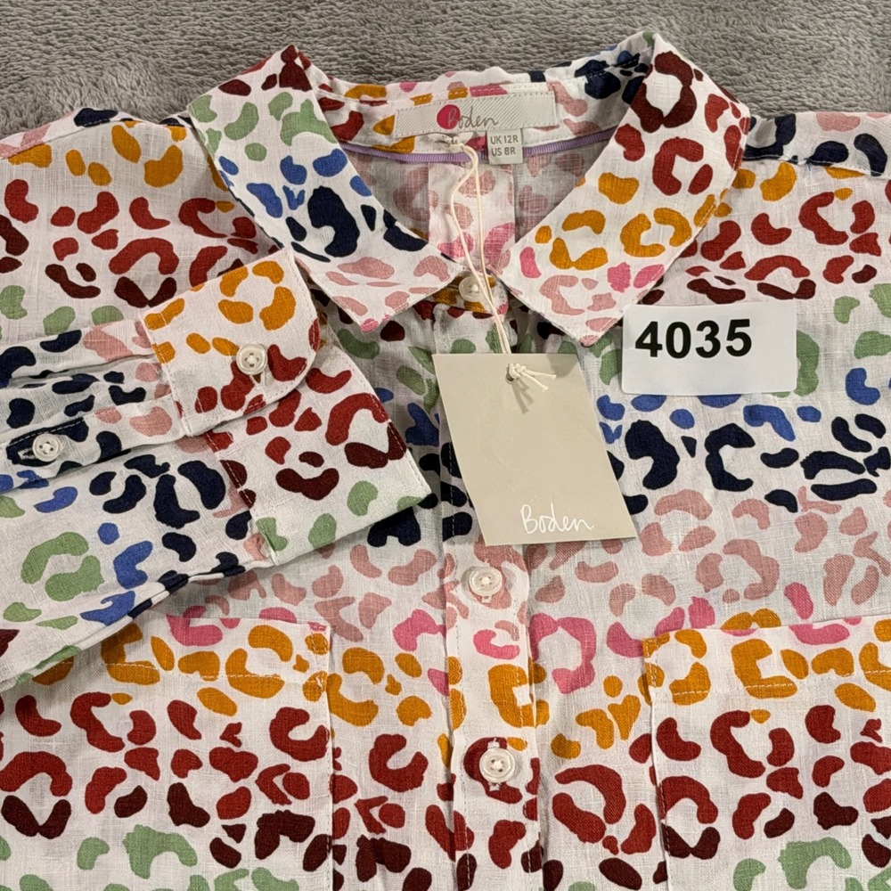 Boden Button Down Shirt Womens 8R Multi Rainbow Leopard Print Linen W0274
